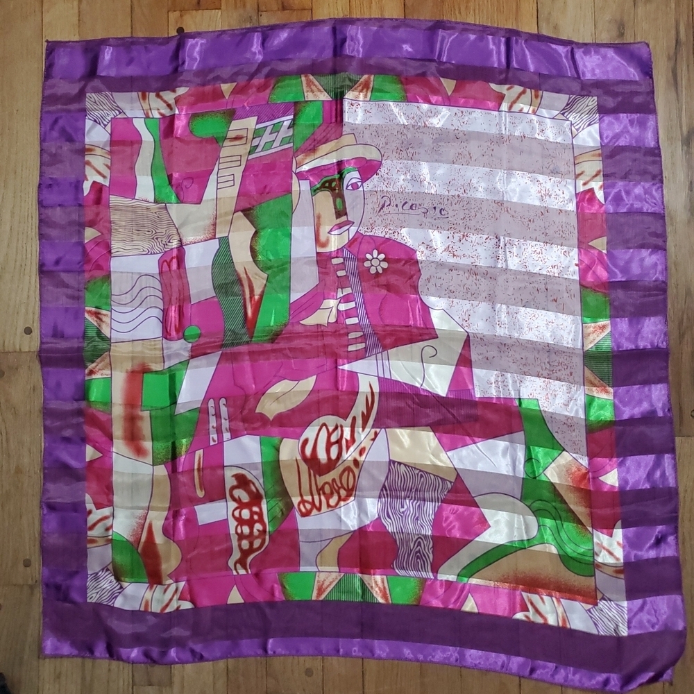 Vintage Satin Scarf PICASO Art Top Shawl Cover Up Decor LARGE 37" SQUARE